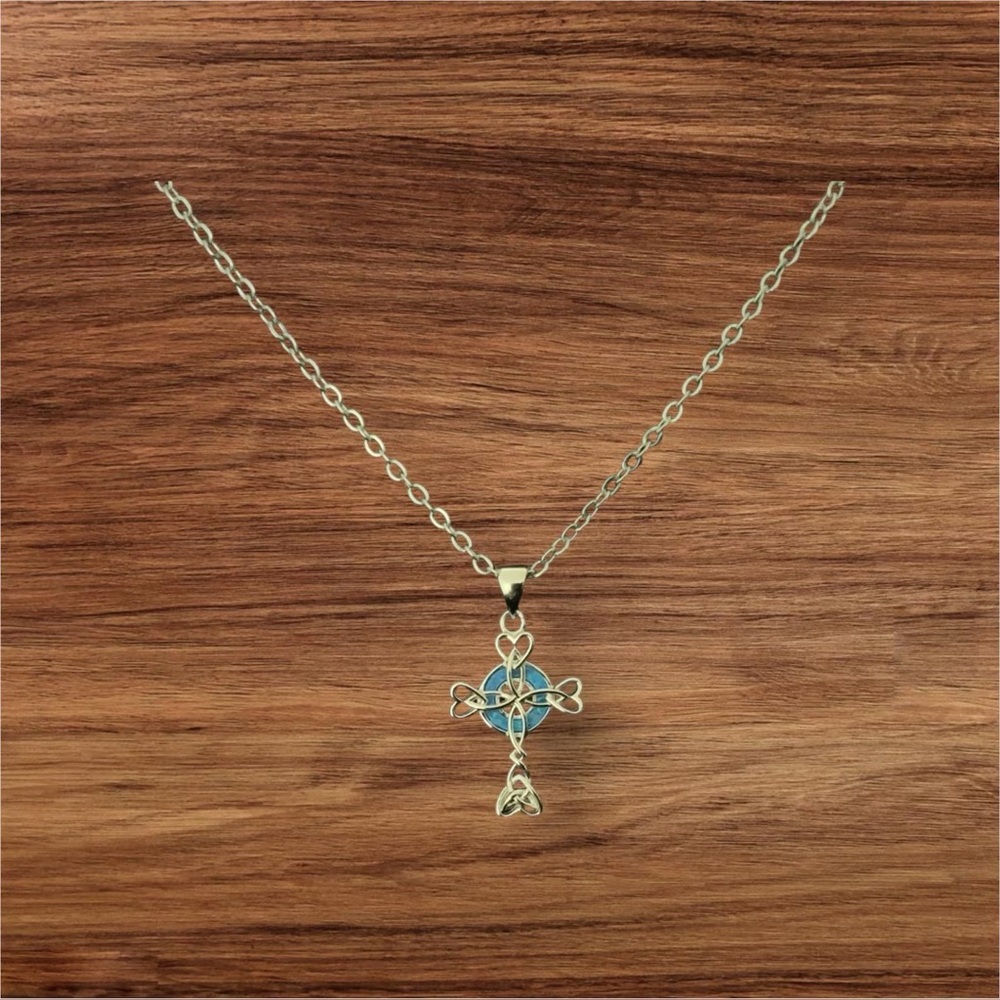 Intricate 925 Sterling Silver Cross with blue Opal Necklace Free Chain